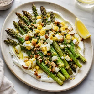 Asperges poêlées sur yaourt fumé avec œuf haché et amandes