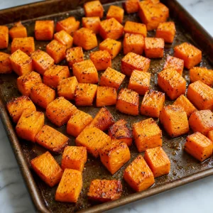 Cubed sweet potatoes roasting on a baking sheet
