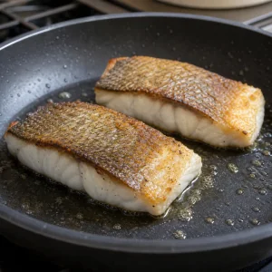 Flipped barramundi fillets cooking until opaque and flaky