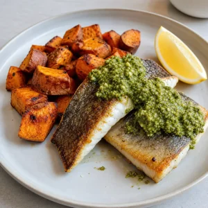 Pan-seared barramundi plated with roasted sweet potatoes and macadamia pesto