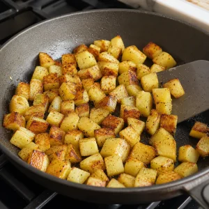 Batatas em cubos a fritar numa frigideira ate ficarem douradas