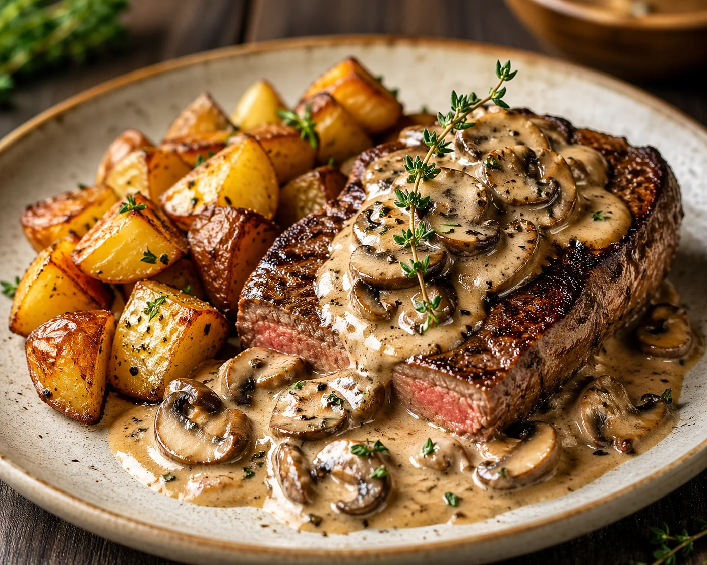 Pan-Seared Beef Steak with Creamy Mushroom Sauce and Roasted Potatoes