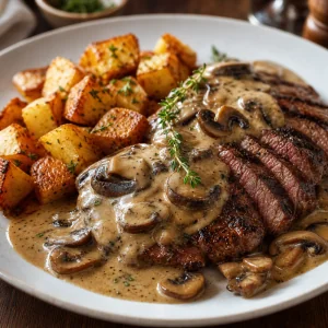 Bife selado na frigideira servido com batatas assadas e molho cremoso de cogumelos