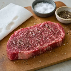 Bife de vaca cru seco e temperado com sal e pimenta preta