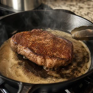 Bife temperado a selar em manteiga dourada numa frigideira quente