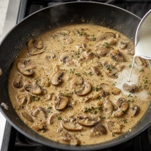 Cogumelos fatiados a cozinhar em molho cremoso com alho e tomilho