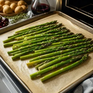 Asparagus spears spread on a baking sheet with olive oil