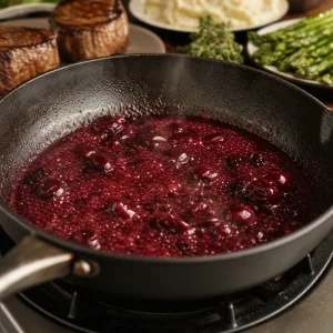 Cherry red wine sauce simmering in a skillet