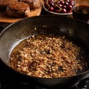 Chopped shallot and garlic cooking in steak pan fond