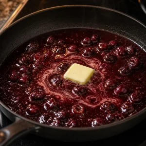 Cold butter melting into glossy cherry red wine sauce