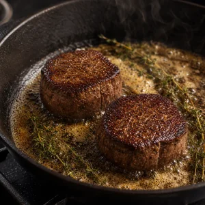 Filet mignon steaks searing in foaming butter with thyme