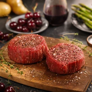 Seasoned raw filet mignon steaks resting on a board