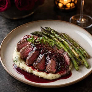 Sliced filet mignon with cherry red wine sauce and asparagus