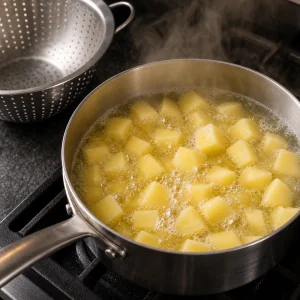 Yukon Gold potato chunks simmering in a saucepan