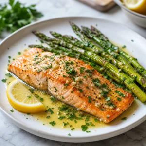 Salmón terminado con mantequilla de limón y ajo servido con espárragos asados y perejil