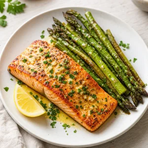 Pan-seared lemon garlic butter salmon with roasted asparagus