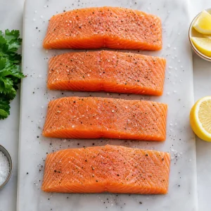 Filetes de salmón crudos sazonados con sal y pimienta negra