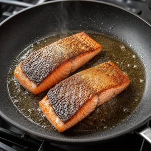 Filetes de salmón sellándose en una sartén caliente hasta dorarse