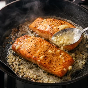 Salmón sellado bañado con mantequilla de ajo derretida en una sartén