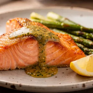 Salmone scottato finito con burro al limone ed erbe e asparagi