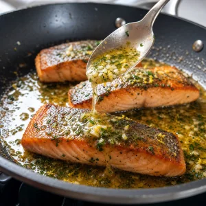 Burro al limone ed erbe versato sul salmone scottato