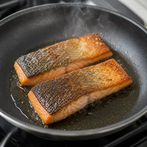 Filetti di salmone rosolano con la pelle in padella