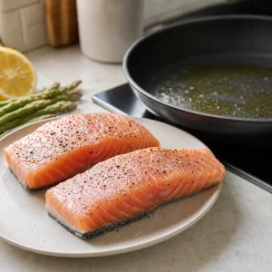 Filetti di salmone crudi conditi con limone e asparagi accanto