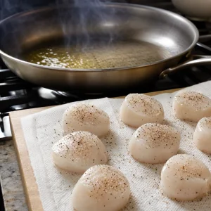 Dry seasoned scallops ready to sear beside a smoking hot skillet