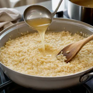Warm stock ladled into risotto while the rice is stirred until creamy