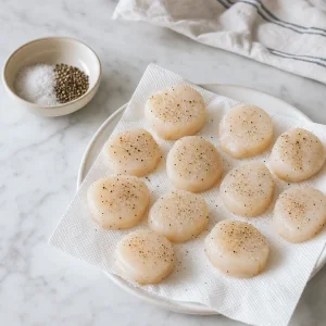 Dry sea scallops seasoned with salt and pepper on paper towels