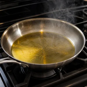 Olive oil shimmering in a hot skillet before searing scallops