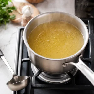 Warm broth simmering gently in a small saucepan on the stovetop
