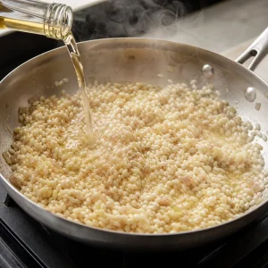 White wine poured into toasted Arborio rice as it begins to absorb