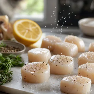 Raw scallops seasoned with salt and black pepper before searing