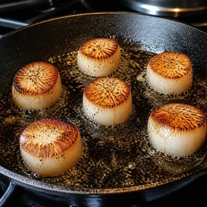 Scallops searing in a single layer until a golden crust forms