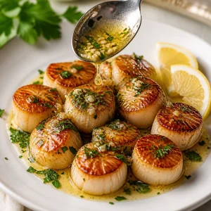 Seared scallops plated with lemon garlic herb butter drizzled on top