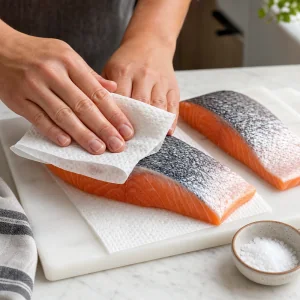 Filets de saumon avec peau eponges avec du papier absorbant avant l'assaisonnement.