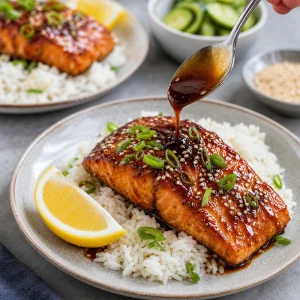 Saumon teriyaki dresse sur du riz avec glacage, oignons verts, graines de sesame et citron.