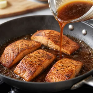 Sauce teriyaki miel-gingembre versee autour des filets de saumon saisis dans la poele.