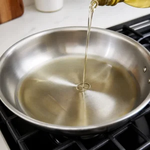 Huile neutre versee dans une poele en acier chaude pour saisir le saumon.