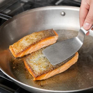 Filets de saumon presses cote peau dans une poele chaude jusqu'a ce que la peau croustille.