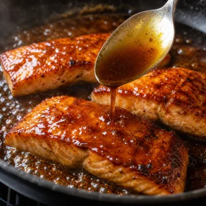 Glacage teriyaki brillant au miel et gingembre verse a la cuillere sur le saumon.