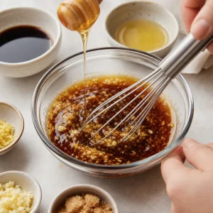 Sauce soja, mirin, miel, gingembre, ail et huile de sesame fouettes en sauce teriyaki.