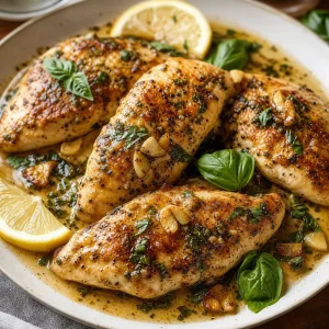 Frango toscano selado na frigideira com molho de alho e ervas, manjericão e gomos de limão