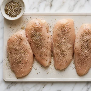 Peitos de frango crus secos e temperados com sal, pimenta e ervas italianas