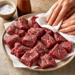 Cubetti di manzo asciugati e conditi con sale e pepe nero per papas con carne.