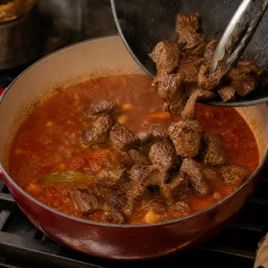 Manzo rosolato e succhi rimessi nel brodo al pomodoro a sobbollire per papas con carne.