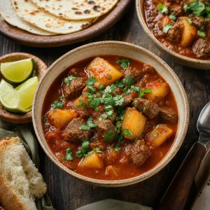 Papas con carne servito in ciotole con coriandolo, spicchi di lime, tortillas e pane croccante.