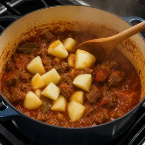 Pezzi di patata mescolati nello stufato di manzo e pomodoro finche diventano teneri.