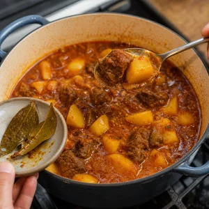 Spezzatino denso di papas con carne assaggiato e regolato mentre si tolgono le foglie di alloro.